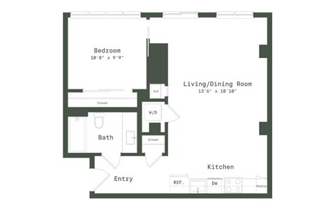 Floor plan for 1 bed, 1 bath, 713 sqft